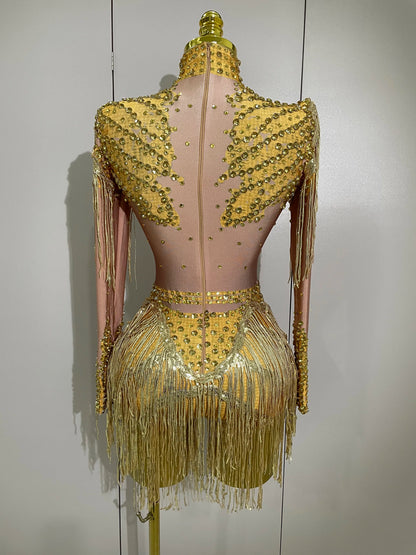 Sparkly Rhinestone Sequin Tassel Stretch Bodysuits 2025 New Arrival Women Birthday Party Nightclub Dj Stage Performance Costume