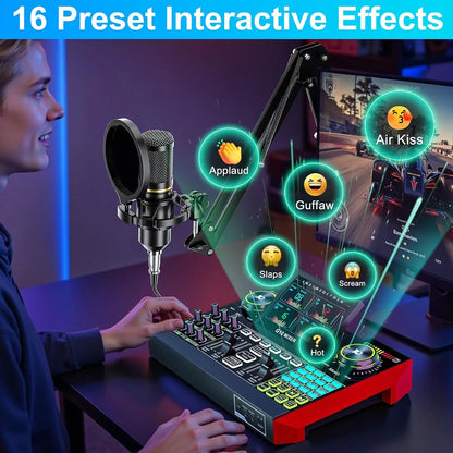 Tenlamp Podcast Equipment with 3.5mm Condenser Mic, Sound Board for PC/Phone Podcast Recording, Voice Changer, Denoise,Reverb,Phantom Power，G10 Live Streaming Audio Interface Gaming Audio Mixer，KOL Singing DJ Mixing Stati