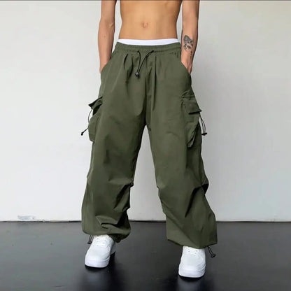 American High Street Summer Loose Straight Parachute Pants Men Solid Elastic Waist Pocket Casual Motion Wide Leg Cargo Trousers