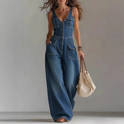 Elegant High Street Denim Suspender Jumpsuit Casual Sleeveless Pockets Straight   Party Playsuits Fashion Single-breasted Romper