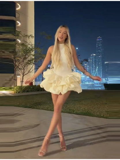 Gentle Sweet Mini Dress Sleeveless Ruffled Bubble Skirt Women Dresses Party Chic Female Stylish Fashion Date Outfits