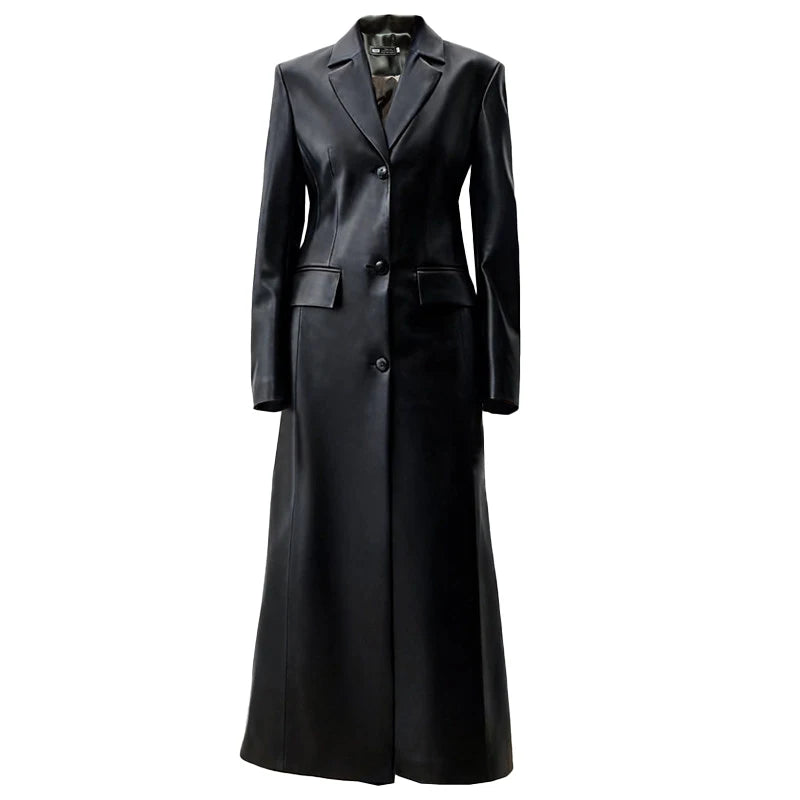 Lautaro Autumn Long Black Fitted Pu Leather Trench Coat for Women Shoulder Pads Single Breasted Luxury Elegant Blazer Overcoat