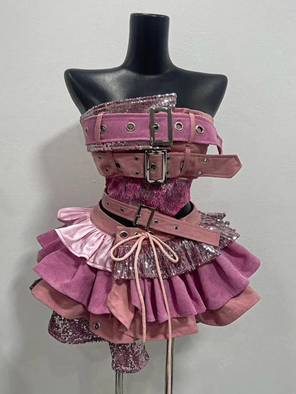 Y2K Style  Low Waist  Patchwork Sleeveless Halter Top Irregular pink Half Skirt Sexy Short Skirt kpop dance Outfit Lolita Set
