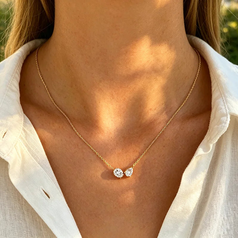 Smyoue Oval Cut Pear Cut All Moissanite Necklace for Women 2 Gems Classic Wedding Jewelry Bridal Real Pure S925 Silver Chain