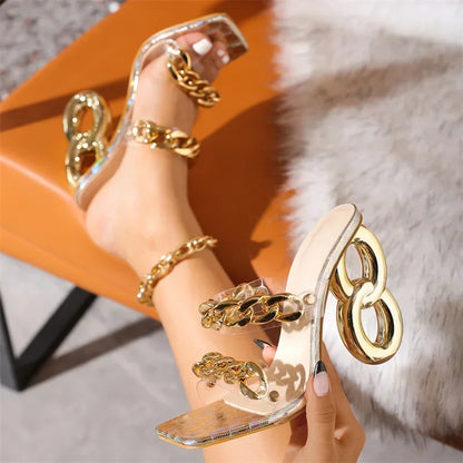 New Style Luxury Fashion Strange Fretwork Heels Slippers PVC Transparent Shoes Women's Slides Fashion Metal Chain Summer Sandals