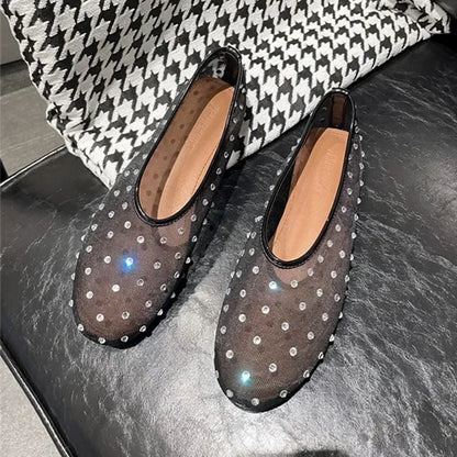 Luxury Glitter Rhinestone Designer Mesh Flats Women Summer Fashion Light Breathable Mules Loafers Elegant Comfort Ballet Shoes