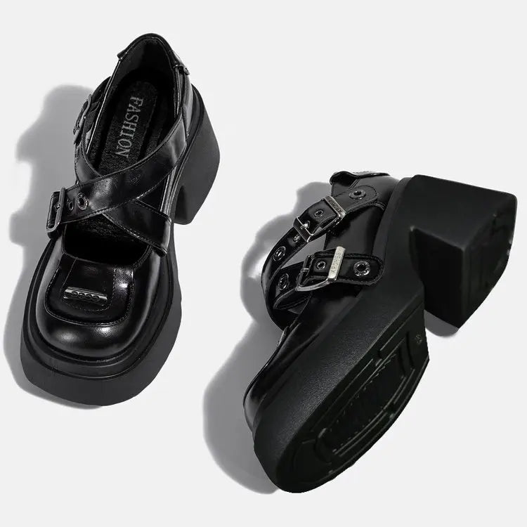 Mary Jane Shoes 2026 New Punk Metal Block Heel Platform Women's Shallow Mouth Buckle Single Shoes