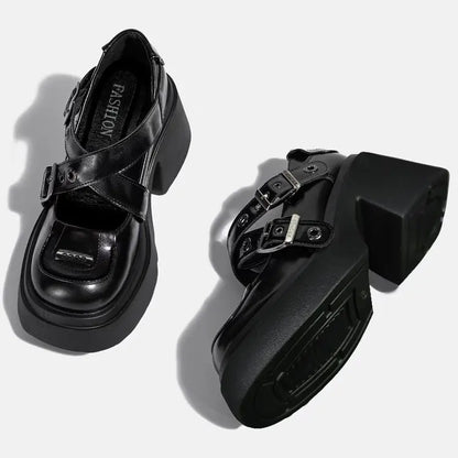 Mary Jane Shoes 2026 New Punk Metal Block Heel Platform Women's Shallow Mouth Buckle Single Shoes