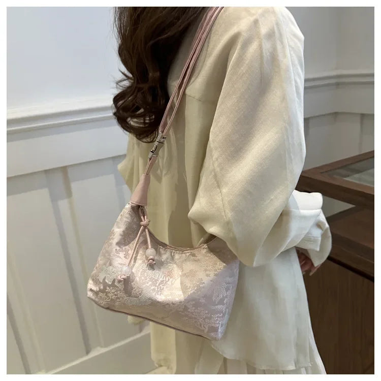 Fashion Luxury Women Embroidery Shoulder Bag Nylon Pearl Pendant Bucket Bag Versatile Handbag Retro Women Crossbody Bags сумка