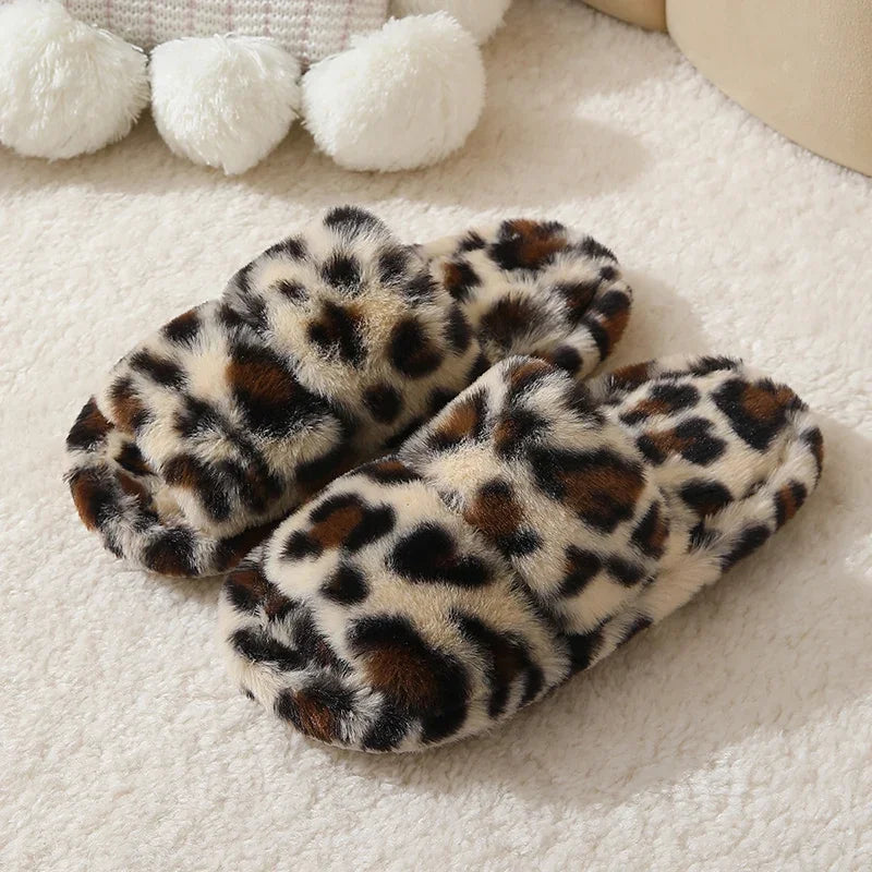 Leopard Pattern Plush Winter Slippers for Women Open Toe Soft Sole Fuzzy House Shoes Woman Indoor Comfort Warm Faux Fur Slippers