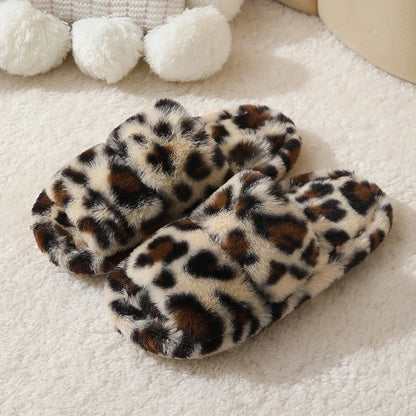 Leopard Pattern Plush Winter Slippers for Women Open Toe Soft Sole Fuzzy House Shoes Woman Indoor Comfort Warm Faux Fur Slippers