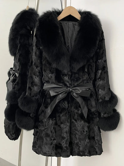 OFTBUY New Winter Thickened Warm Clothes Female Mid-length Leather Belt Real Mink Fur Coat Women Black Natural Fox Fur Jacket