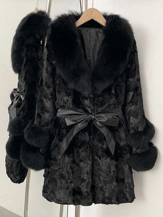 OFTBUY New Winter Thickened Warm Clothes Female Mid-length Leather Belt Real Mink Fur Coat Women Black Natural Fox Fur Jacket