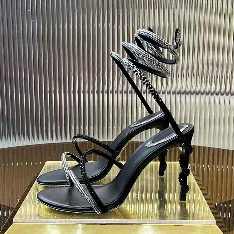 Luxury High Heels Sandals Woman Rhinestone Snake Twine Around Ankle Strap Wedding Shoes Stiletto Summer Gladiator Sandals Women