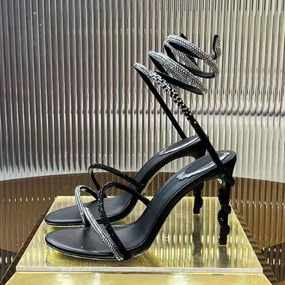 Luxury High Heels Sandals Woman Rhinestone Snake Twine Around Ankle Strap Wedding Shoes Stiletto Summer Gladiator Sandals Women