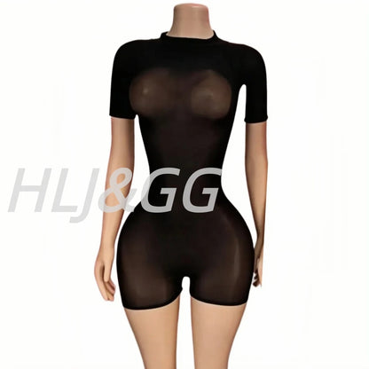 HLJ&GG Sexy See Though Stretchy Bodycon One Piece Rompers Women Round Neck Short Sleeve Slim Jumpsuits Hot Girl Nightclub Wear