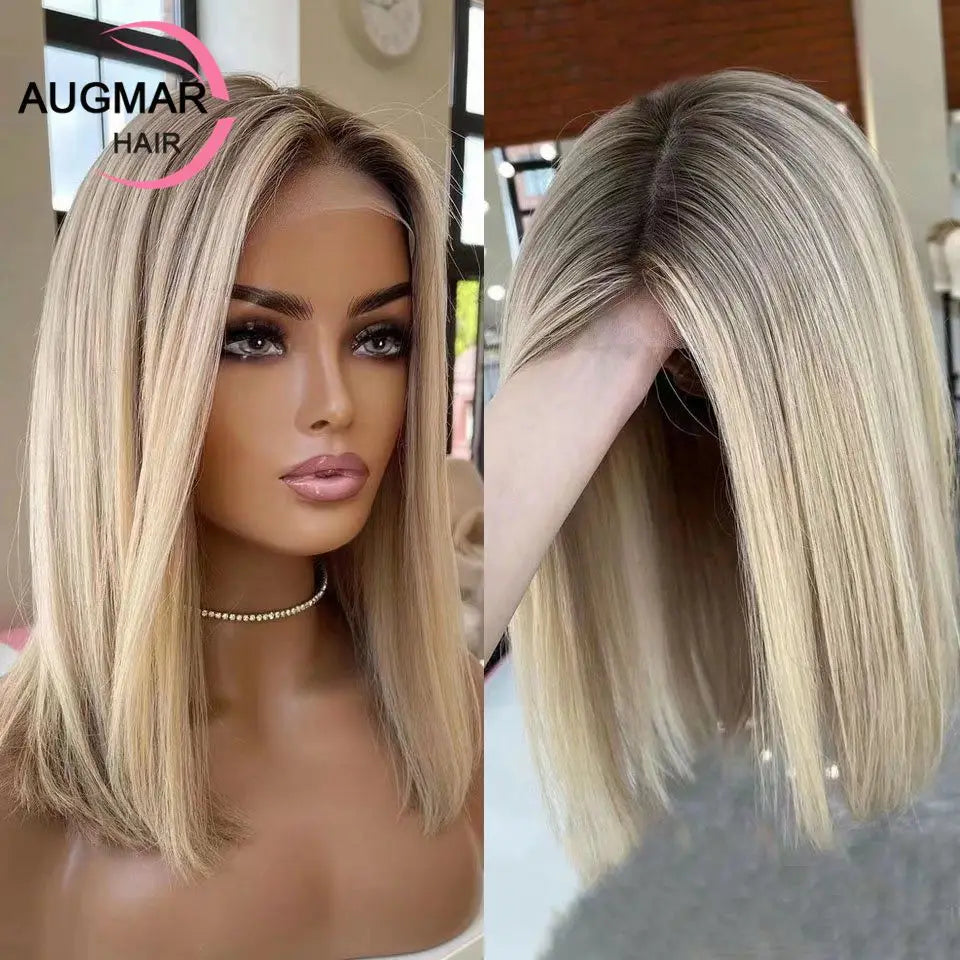 Ash Blonde 360 Lace Front Wig Brown Highlight Bob Wig Human Hair 13x6 HD Lace Frontal Wig Straight Lace Front Human Hair Wig