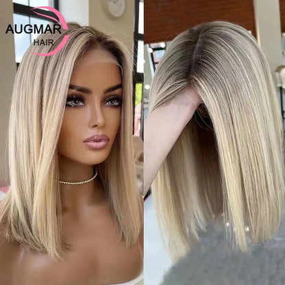 Ash Blonde 360 Lace Front Wig Brown Highlight Bob Wig Human Hair 13x6 HD Lace Frontal Wig Straight Lace Front Human Hair Wig