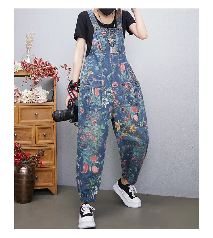 Casual Streetwear Print Floral Denim Jumpsuit Woman Loose Baggy Wide Leg Pants Rompers Big Size Pockets Straps Jeans Overalls