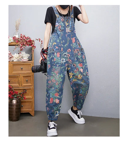 Casual Streetwear Print Floral Denim Jumpsuit Woman Loose Baggy Wide Leg Pants Rompers Big Size Pockets Straps Jeans Overalls