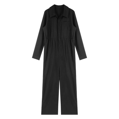 Womens Fashion Work Coverall Rompers Casual Solid Color Turn-Down Collar Long Sleeve Button Jumpsuit Travel Holiday Cargo Pants