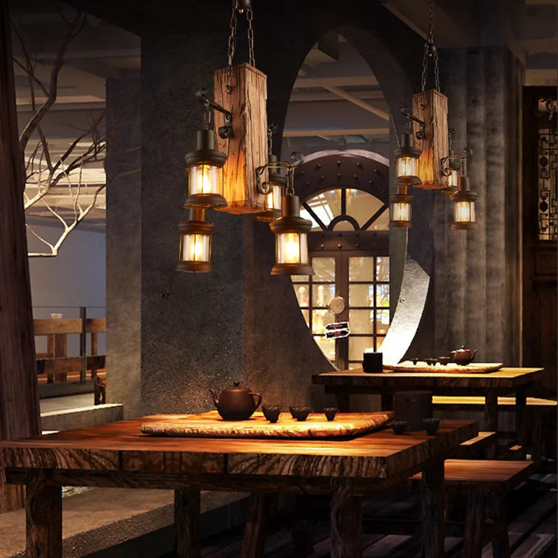 Retro Wood E27 LED Ceiling Lamp Antique Industrial Chandelier Lighting LOFT Bar luminaire Vintage Pendant Lights lustre