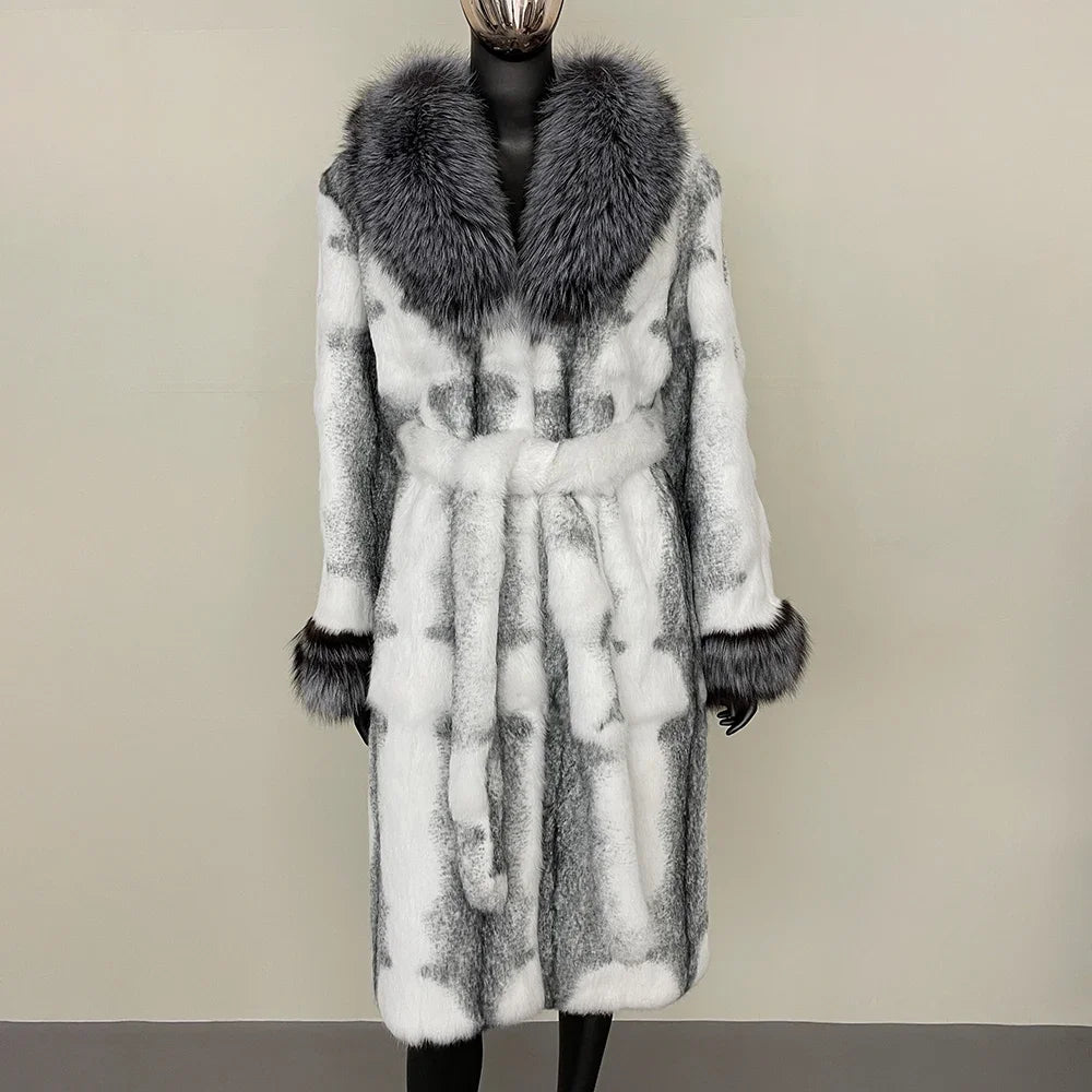 2024 New Autumn Winter Thickened Fur Coat for Women Rabbit Fur One-piece Long Style Real Fox Fur Collar Fashion Warm Coat Women