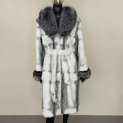 2024 New Autumn Winter Thickened Fur Coat for Women Rabbit Fur One-piece Long Style Real Fox Fur Collar Fashion Warm Coat Women