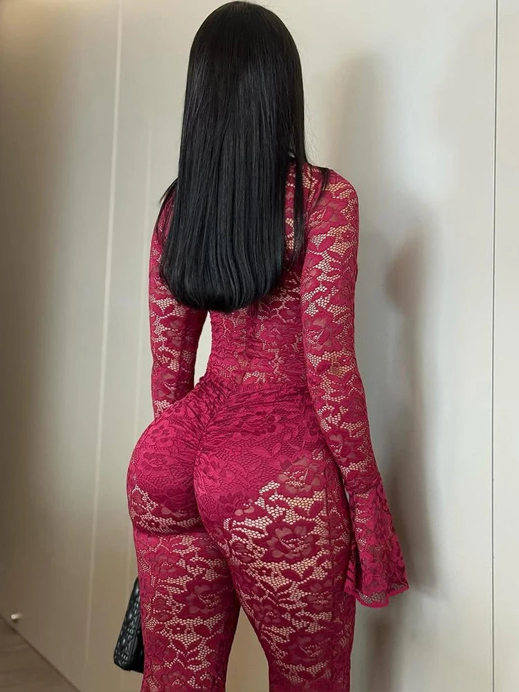 Nibber See Through Jumpsuits Woman Metal Rings Patchwork Hollow Design Sexy Full Sleeve Midnight Club Party Wild Style Overalls