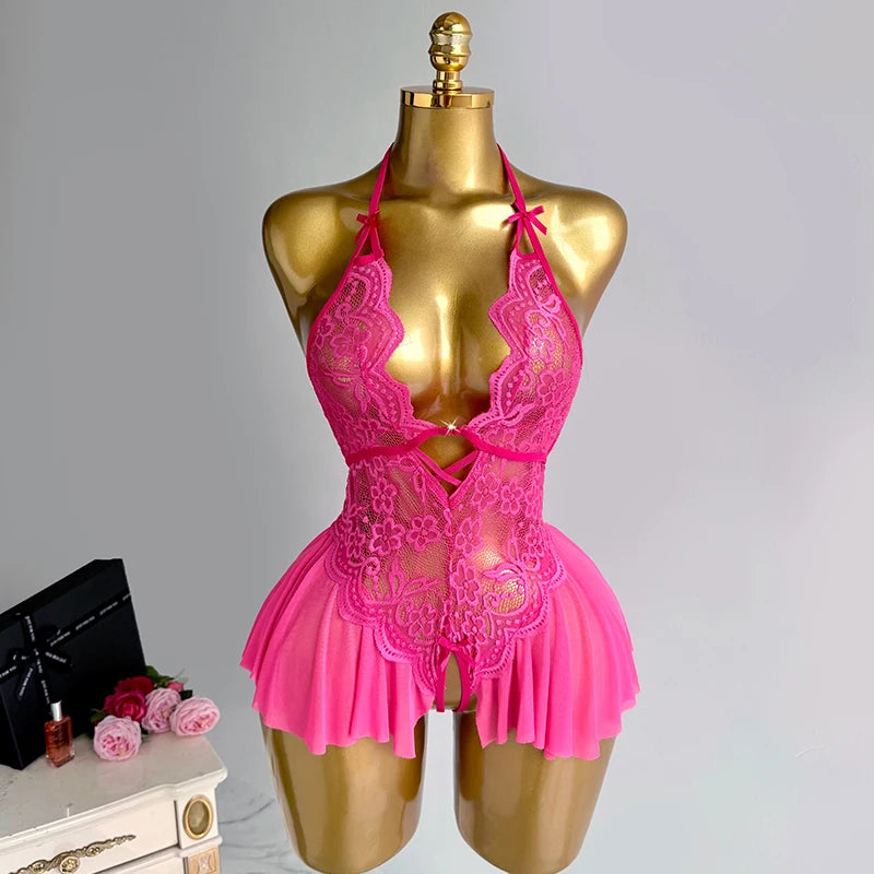 Sexy Crotchless Lingerie Women Lace Hollow Bodysuit Pajamas Teddy Babydolls Deep V Underwear