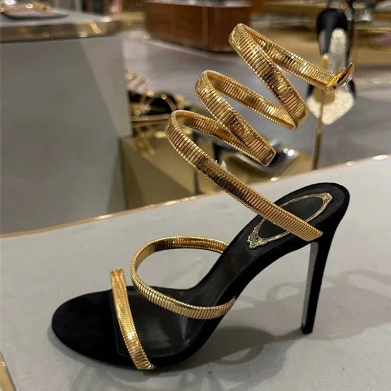 Luxury Designer High Heels Women Sexy Snake Twine Party Dress Shoes Ladies Stripper Shoes Open Toe Summer Sandals for Women