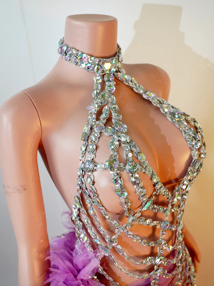 Sexy Purple Neck Hanging Spider Web 2PCS Set Gauze See-through Dress Carnival Performance Singer Dance Costume Drag Queen Stage