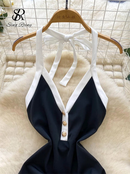 SINGREINY Ins Beach Jumpsuits Ladies Halter Sleeveless Button Design Backless Bodysuits American Retro Solid OL Slim Playsuits