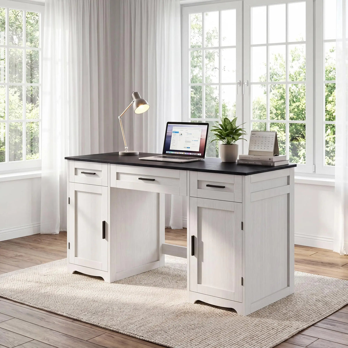 Farmhouse Executive Desk With Drawers Wood Home Office Desk