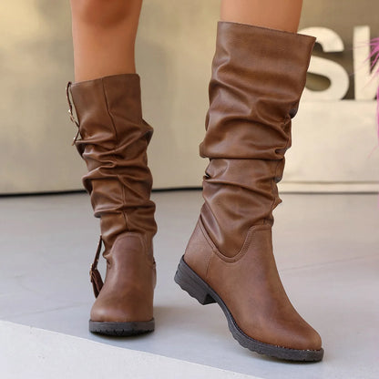 New Autumn Winter Vintage Women Knee High Boots Double Metal Buckle Thick Heels 3CM Knight Boots Casual Pull On Long Boots Shoes