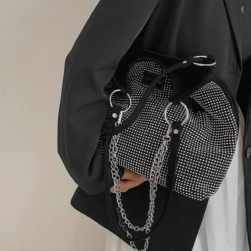 Yogodlns Luxury Rhinestone Bucket Bag For Women Fashion Brands Shouldr Bag Trendy Underarm Bag Shopping Handbag Purse Bolsa