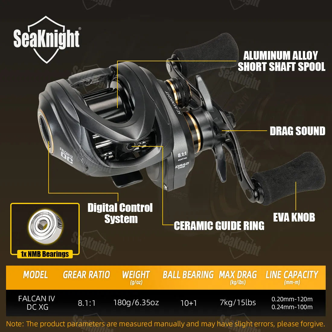 SeaKnight Brand FALCAN IV DC 8.1:1 Series Baitcasting 10+1BB Carbon Fiber Drag System 7kg/15lbs Brass Gear Power Fishing Reel