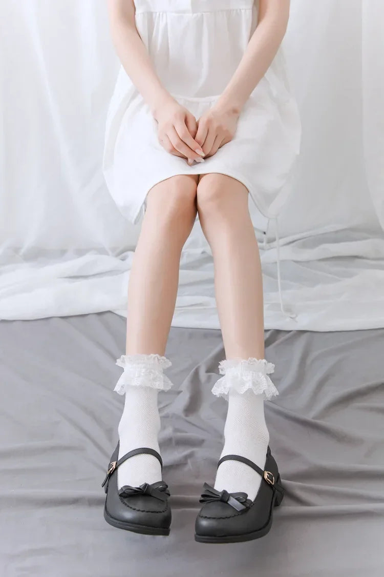 Women's Japanese Lolita JK Ankle Socks Kawaii Cotton with Lace Trim - Cute White/Black Crew Socks for Girls Cosplay Casual Wear