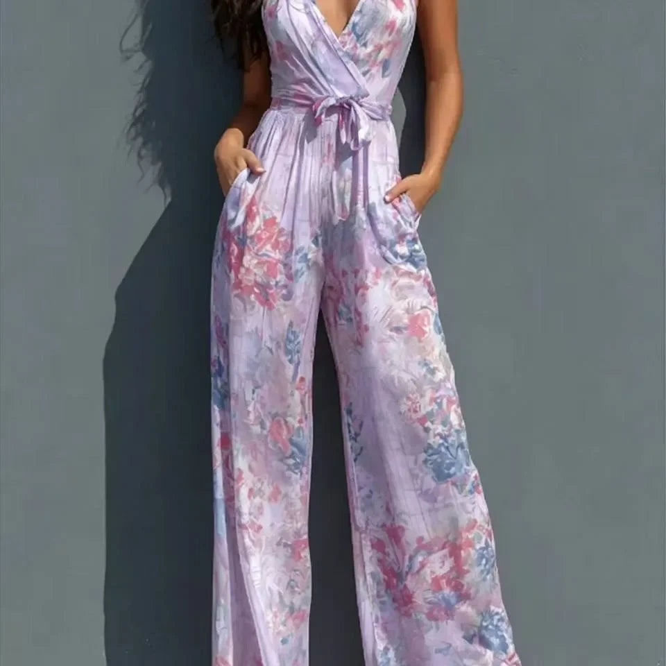 Women Sexy Print V Neck Sleeveless Jumpsuit Summer Casual High Waist Wide Leg Romper With Pockets Holiday party style jumpsuit
