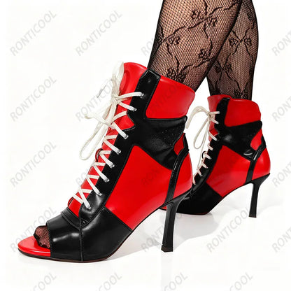 Ronticool Handmade Peep Toe Ankle Boots - Black and White Leather High Heel Shoes with Lace Up Design Size 36-43