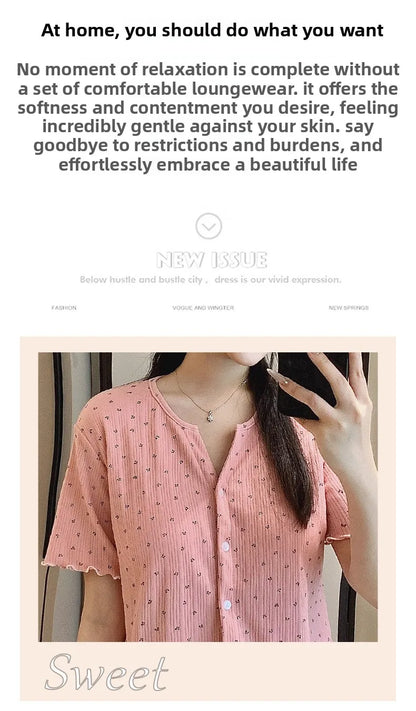 Cotton Fabric Floral Cardigan Printed Pajamas for Women Short-Sleeved Top and Long Pants Sleepwear Homewear Set Ladies Nightwear