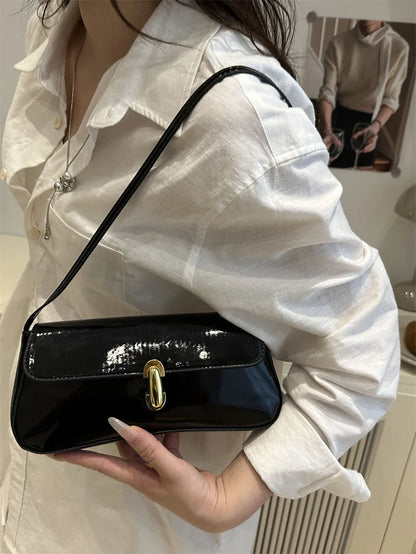 Fashion ladies shiny crossbody bag stylish elegant shoulder bag wine red small underarm bag versatile solid color clutch bag