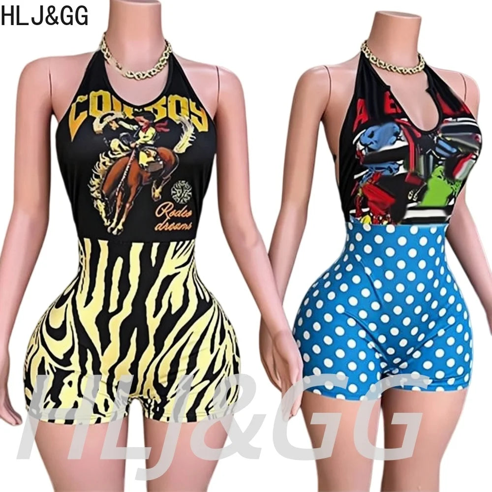 HLJ&GG Sexy Pattern Print Halter Bodycon One Piece Rompers Women Deep V Sleeveless Backless Slim Jumpsuits Fashion Trend Overall