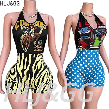 HLJ&GG Sexy Pattern Print Halter Bodycon One Piece Rompers Women Deep V Sleeveless Backless Slim Jumpsuits Fashion Trend Overall