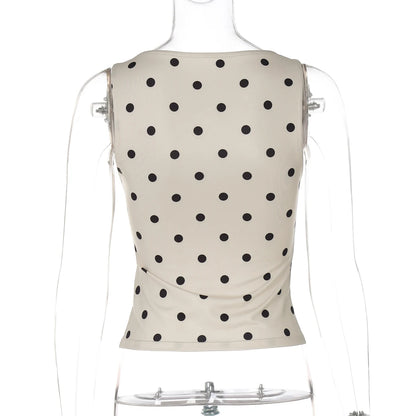Hugcitar Women'S Fashion Polka Dot Print O Neck Sexy Slim Crop Tank Top Summer Female Clothes Beach Vacation Party Streetwear