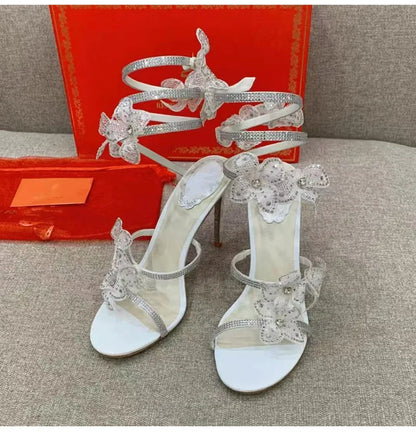 Luxury Rhinestones Flowers Women Gladiator Sandals Sexy Snake Twine Ankle Strap High heels Summer Wedding Prom Shoes Sandalias