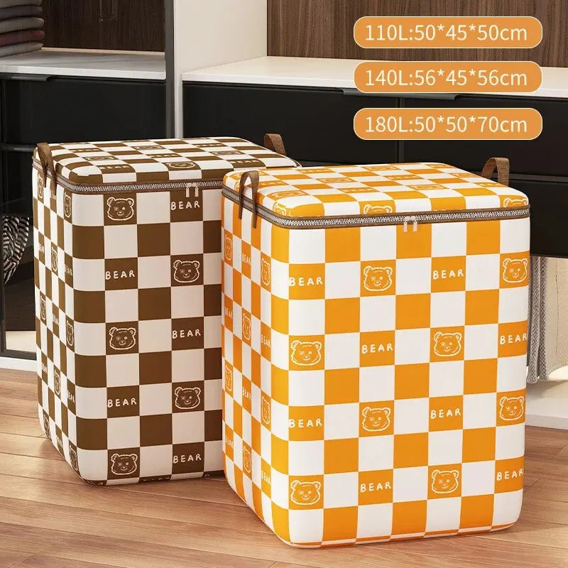 Portable Large Capacity Quilt Storage Bag Cute Bear Plaid Pattern Clothes Organizer Perfect Home Moving Storage Bag