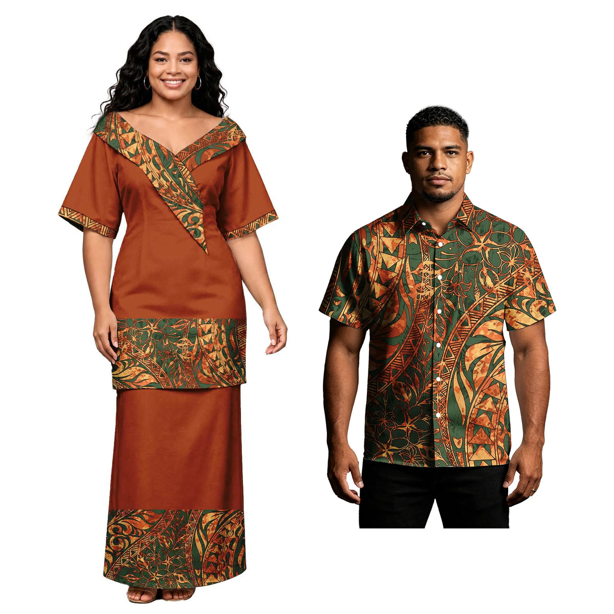 Holiday Party Hawaiian Tropical Pattern Couple Outfits Polynesian Men Button Shirts Women Tribal Design Church Samoan Puletasi