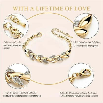 Luxury Love Braided Leaf Bracelet Charm Crystal Wedding Bracelets for Women Anniversary Valentines Day Gifts Aesthetic Jewelry