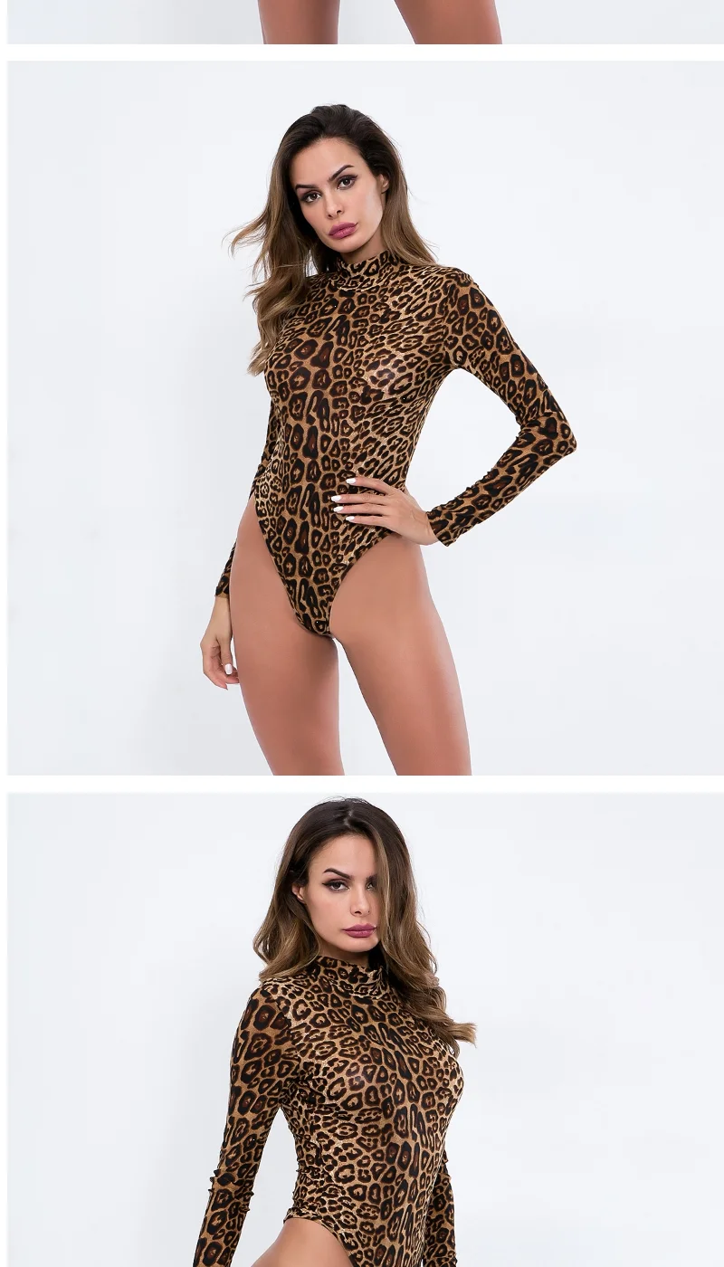 Slimming High Neck Long Sleeve Jumpsuit Fashionable Leopard Print for Women Autumn New Style plus Size  Suit